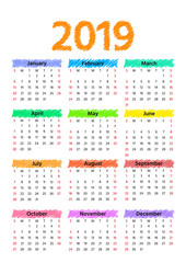 2019 Calendar. Vector. Week starts Sunday. Stationery 2019 year vertical template in minimal simple design. Yearly calendar organizer for weeks. Portrait orientation, english. Colorful illustration.
