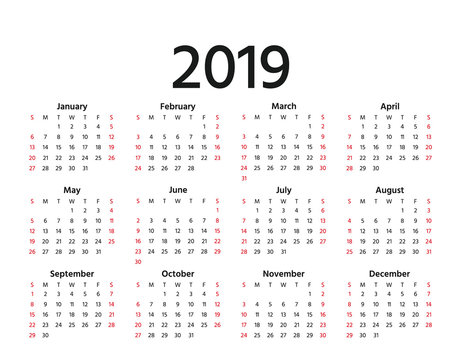 2019 Calendar. Vector. Week starts Sunday in minimal simple style. Stationery 2019 year horizontal template. Yearly calendar organizer for weeks. Landscape orientation, english.