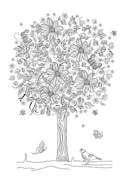 pretty floral tree with flying butterflies for your coloring boo