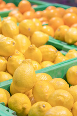 lemons in crates on supermarket. a lot of yellow lemons for the background. vertical photo