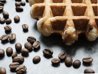 biscuits and coffee on a gray background, stone. Food, dessert