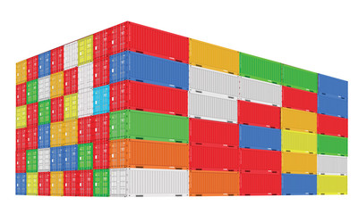 Stack of colorful cargo containers with perspective view. Different colors. Vector illustration.