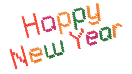Happy New Year Words 3D Rendered Congratulation Text With Geometry, Old Style Font Illustration Colored With Tetrad Colors 6 Degrees, Isolated On White Background ..