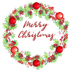 Fototapeta na wymiar Watercolor Christmas wreath on white background . Hand drawn hand painted illustration. Christmas decor, branches of spruce, mistletoe, poinsettia, stars, holly.