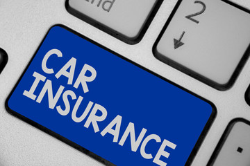 Writing note showing Car Insurance. Business photo showcasing Accidents coverage Comprehensive Policy Motor Vehicle Guaranty Keyboard blue key Intention computer computing reflection document