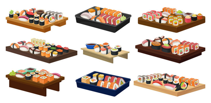 Flat vector collection of plates with sushi rolls. Traditional Asian food. Japanese cuisine
