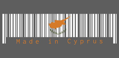 Barcode set the color of Cyprus flag, an outline of the country of Cyprus above twin olive branches. text: Made in Cyprus. concept of sale or business.