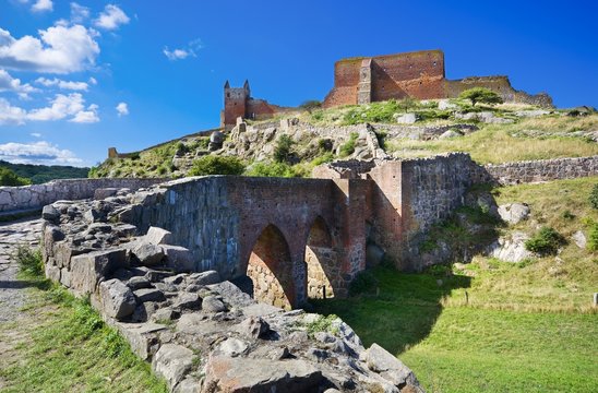 Hammershus castle - the biggest Northern Europe castle ruins situated at steep granite cliff on the Baltic Sea coast, Bornholm, Denmark