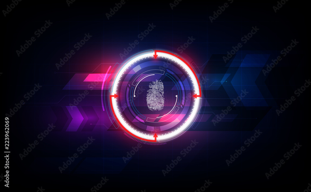 Poster fingerprint scan with abstract futuristic technology background, security system concept, vector ill