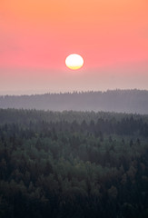 Obrazy na Szkle  Malowniczy krajobraz leśny z wschodzącym słońcem w jesienny poranek w Finlandii