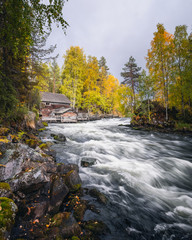 Scenic river landscape with beautiful fall colors at autumn day in National park, Finland