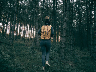 Rear view of backpacker woman walking in forest