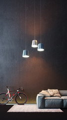 racer and sofa in front of a black wall