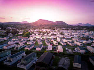 Sun set at a Caravan and camping park, static home aerial view. Porthmadog holiday park taken from...