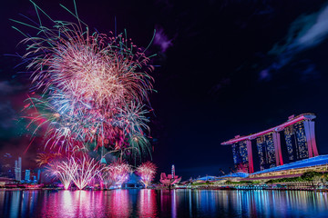 Fireworks at Marina bay area, Singapore - Celebrating 53th National Day