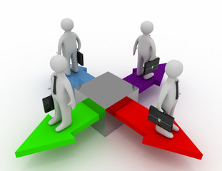 Four businessmen are standing on arrows pointing at different directions