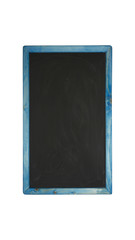 Black chalkboard with blue wooden frame on isolated white