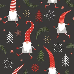 Gardinen Weihnachtsnahtloses Muster, Weihnachtsgrüße, niedliche Weihnachtszwerge in roten Hüten © LenLis