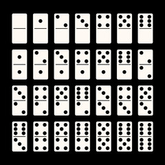 Creative vector illustration of realistic domino full set isolated on black background. Dominoes bones art design. Abstract concept 28 pieces for game graphic element.