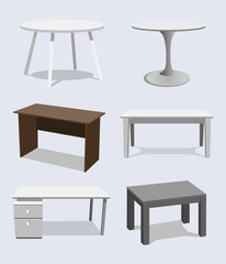 Empty Table Set Vector. Wooden, Plastic, White, Black. Isolated Furniture, Platform. Template For Object Presentation. Realistic Vector Illustration.