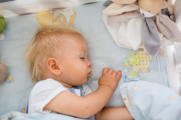 Little baby boy, sleeps in baby bed with pacifier and toys © Tomsickova