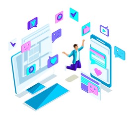 Fototapeta premium Isometry cool guy teenager, jumping, generation Z, handsome young and strong, communication phones in social networks, gadgets