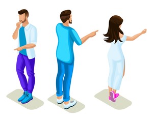 Naklejka premium Isometrics young people, generation Z, rear view and front view, hand gesture show, point, guide