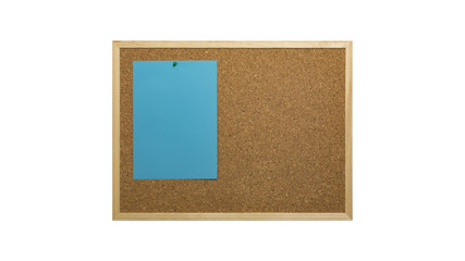 Cork bulletin board with wooden frame, pinned colored paper, isolated on white