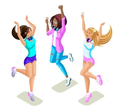 Isometrics teenagers jumping, generation Z, tough girls, beautiful and young, funny and bright, summer clothes, phones, gadgets