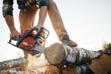 Professional lumberman sawing trees on sawmill. Close-up view on chainsaw in hands