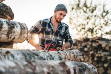 Strong bearded lumberjack in plaid shirt sawing tree with chainsaw