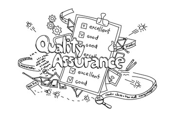 Quality assurance, vector hand drawn illustration isolated on white background