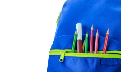 School bags, books, pencils, crayons,Isolated on white background.