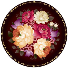Zhostovo style Russian handicraft painting floral ornament in vector, a bunch of mixed garden and wild flowers on a metal tray, Souvenir, present from Russia