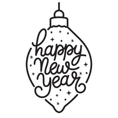 Happy New Year text, hand drawn lettering. Holiday greetings quote. Monochrome typography for Holiday Greeting Gift Poster. Great for Christmas and New year cards, posters, gift tags.