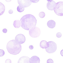 Watercolor vector texture. Aquarelle circles in pastel colors. Seamless pattern. Watercolor violet spots isolated on white background.
