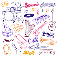 Hand drawn musical instruments isolated on white background. Doodle music elements vector illustration. Musical equipments in sketch style.