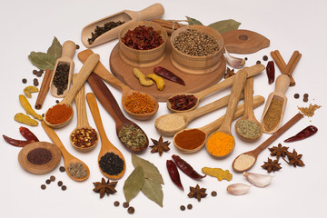 Spice. Spice in a wooden spoon. Herbs. Curry, saffron, turmeric, pepper and other isolated on white background.