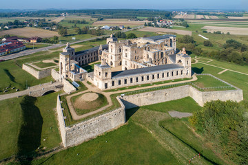Old, ruined castle Krzyztopor in Ujazd, Poland, built in 17th century, ruined to naked walls in 18th century. Aerial view in the morning