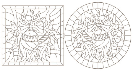 Fototapeta premium Set of contour illustrations in stained glass style for the New year and Christmas, Christmas decorations, Holly branches and ribbons in the frame, round and square image