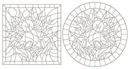 Set of contour illustrations in stained glass style for the New year and Christmas,Teddy bear, Holly branches and ribbons in the frame, round and square image