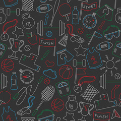 Seamless background on a theme sports and exercise, colored chalks on the dark school Board