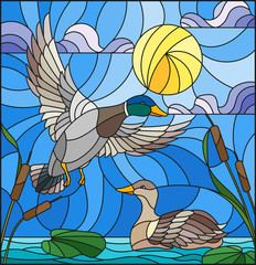 Illustration in stained glass style with ducks on a pond in the reeds against the cloudy sky and the sun