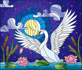 Obraz premium Illustration in stained glass style with Swan , Lotus flowers and reeds on a pond in the moon, starry sky and clouds