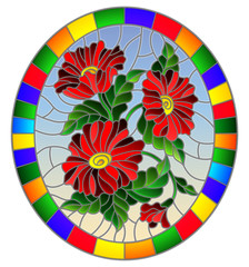 Illustration in stained glass style with a branch of a flowering plant with red flowers on a blue background in a bright frame, oval image