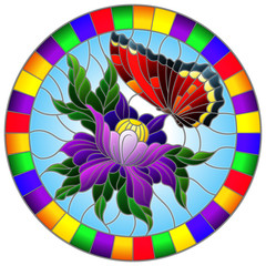 Illustration in stained glass style with a bright red butterfly on a purple flower, round image in a bright frame