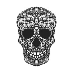 Hand Drawn Human Skull Made floral shapes. Design element for poster, t shirt.