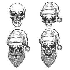 Set of Santa Claus skulls on white background. Christmas nightmare. Design element for logo, label, sign, poster, t shirt.