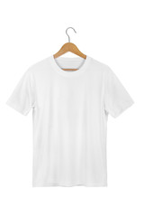 White Blank Cotton Tshirt with wooden hanger isolated on white