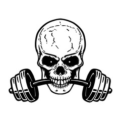 Skull with barbell in teeth. Design element for gym logo, label, emblem, sign, poster, t shirt.